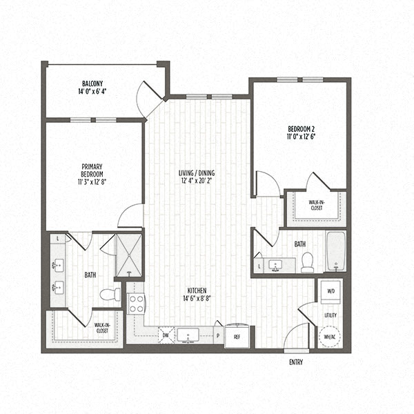Floor plan of the B1, a two bedroom two bath at 1090 SF